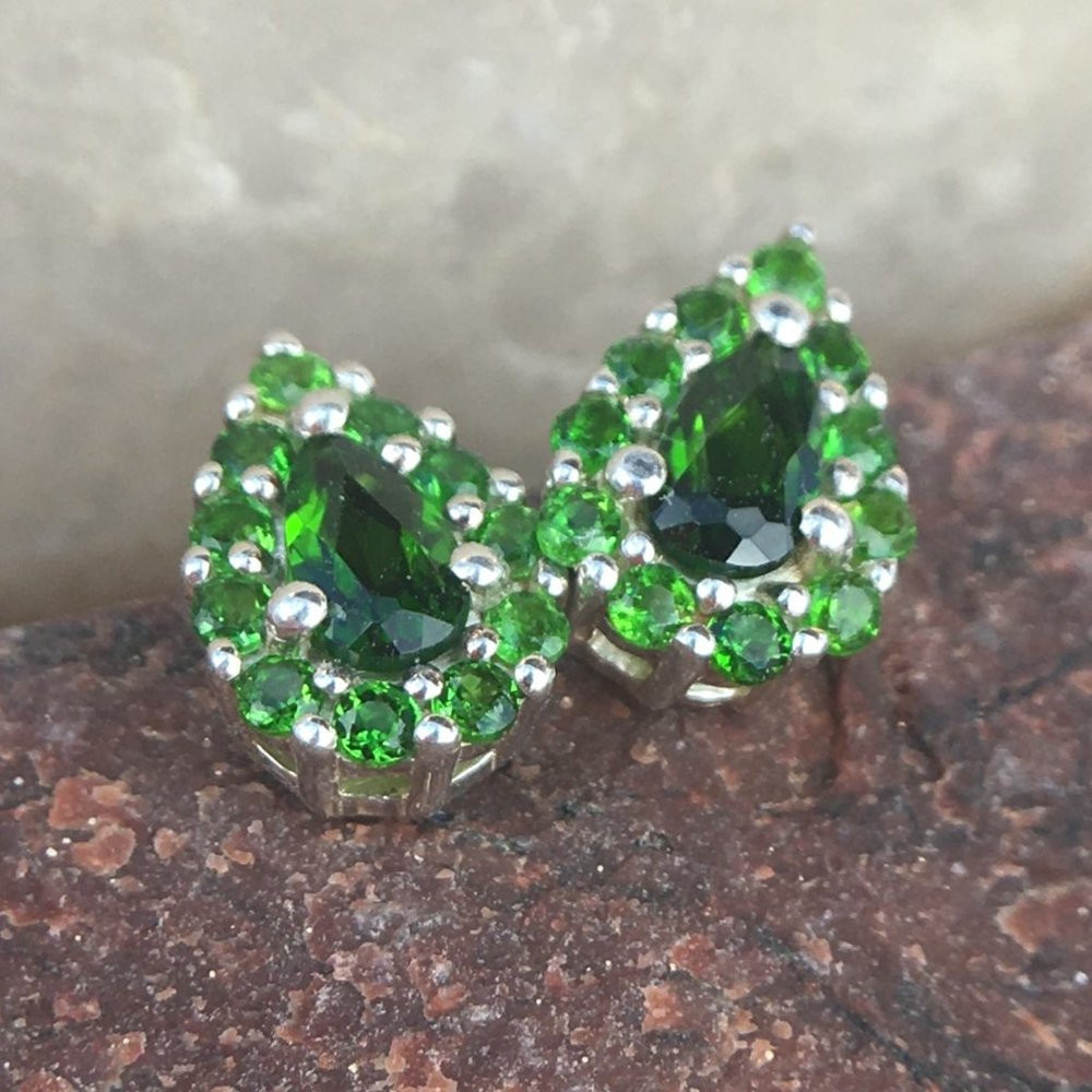Natural Chrome Diopside Earrings .925 Silver Green Pear Shape Genuine Gemstones